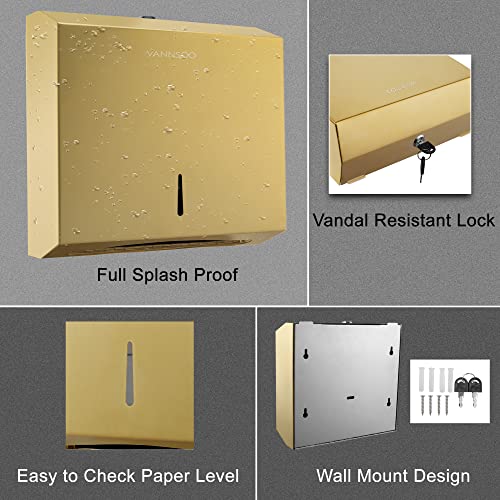 VANNSOO Commercial Paper Towel Dispenser Wall Mount, Tri-fold/Multi-fold/C-Fold Stainless Steel Paper Towel Holder Hand Towel Dispenser with Key (Gold) - Image 5