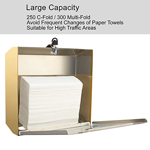 VANNSOO Commercial Paper Towel Dispenser Wall Mount, Tri-fold/Multi-fold/C-Fold Stainless Steel Paper Towel Holder Hand Towel Dispenser with Key (Gold) - Image 4