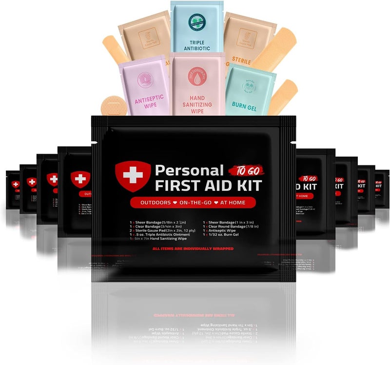 pH Advantage Portable Travel Size First Aid Kit  10 Pack  Perfect for Home Office Car School Business Travel Hiking Hunting and Outdoors  Individually Wrapped First Aid Products Black - Image 1