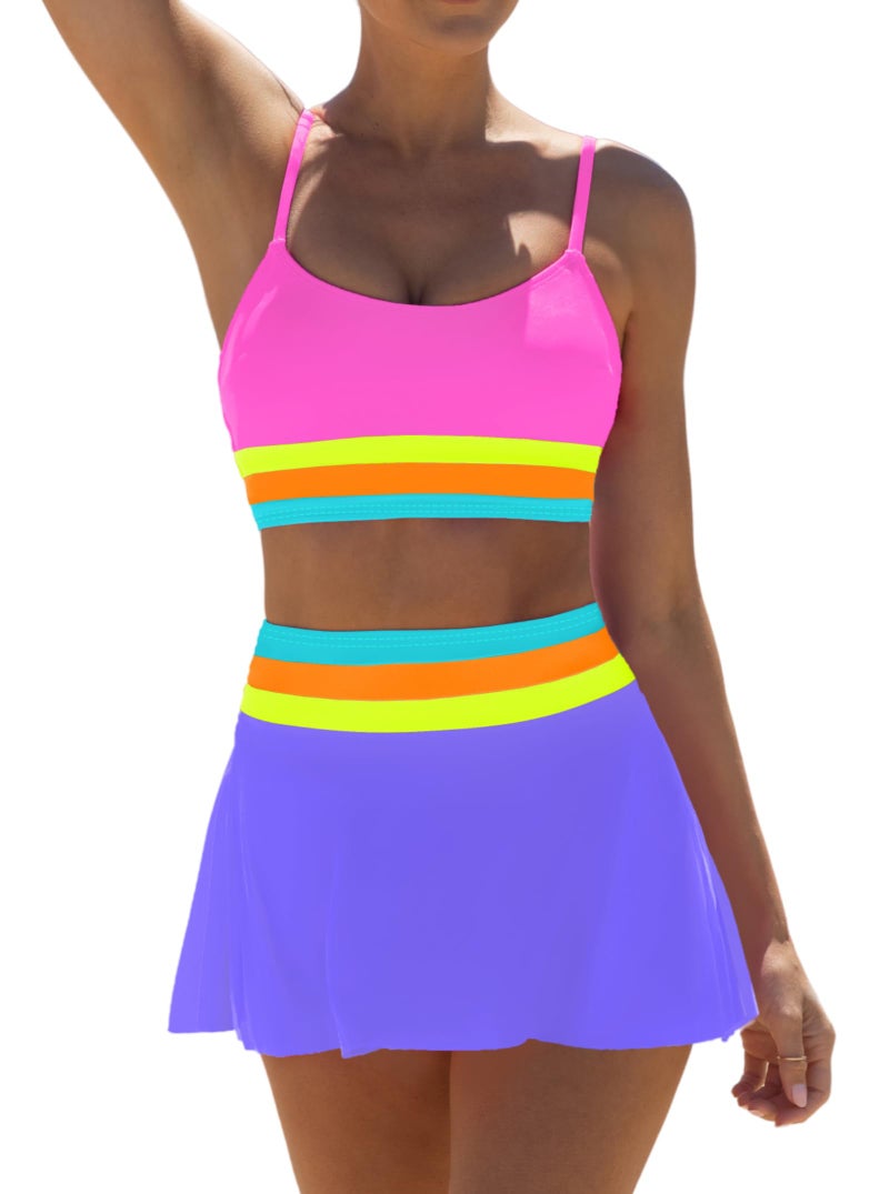 popvil High Waisted Bikini Sets for Women Tummy Control Swimsuits Neon Swimwear 3 Piece Color Block Full Coverage Bathing Suits with Skirt Ladies Summer Beach 2026 (Colorblock) - Image 1