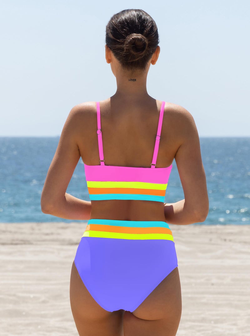 popvil High Waisted Bikini Sets for Women Tummy Control Swimsuits Neon Swimwear 3 Piece Color Block Full Coverage Bathing Suits with Skirt Ladies Summer Beach 2026 (Colorblock) - Image 2