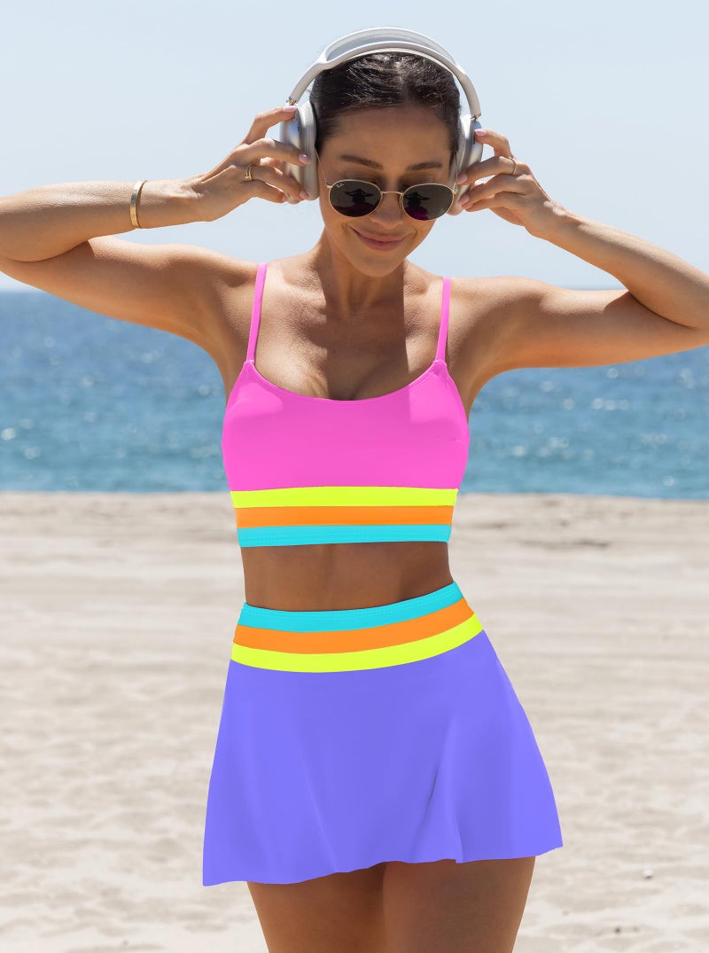 popvil High Waisted Bikini Sets for Women Tummy Control Swimsuits Neon Swimwear 3 Piece Color Block Full Coverage Bathing Suits with Skirt Ladies Summer Beach 2026 (Colorblock) - Image 3