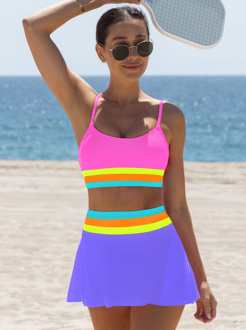 popvil High Waisted Bikini Sets for Women Tummy Control Swimsuits Neon Swimwear 3 Piece Color Block Full Coverage Bathing Suits with Skirt Ladies Summer Beach 2026 (Colorblock) - Image 4