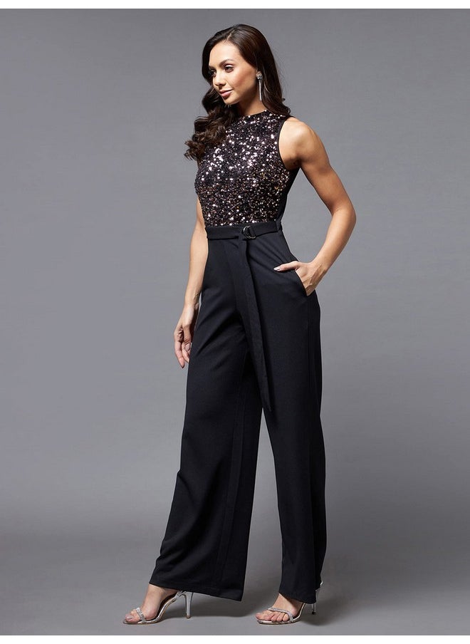 Miss Chase - Miss Chase Women's Black And Lavender Embellished Regular Jumpsuit (MCSS22D99-73-245-03, Black And Lavender, S) - Image 1