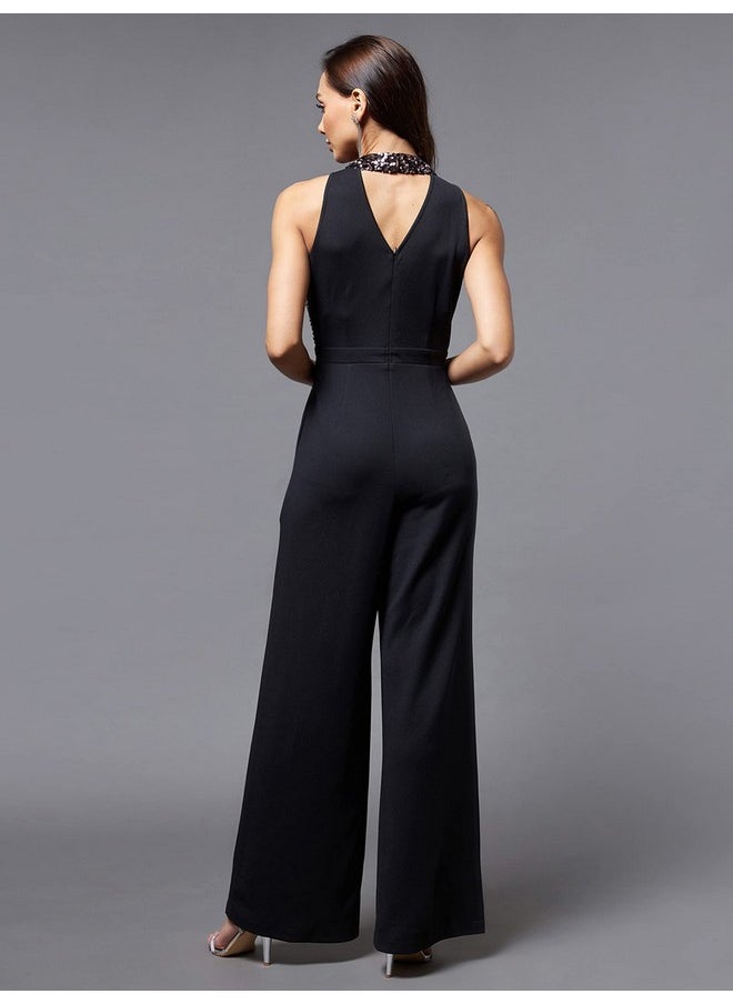 Miss Chase - Miss Chase Women's Black And Lavender Embellished Regular Jumpsuit (MCSS22D99-73-245-03, Black And Lavender, S) - Image 1