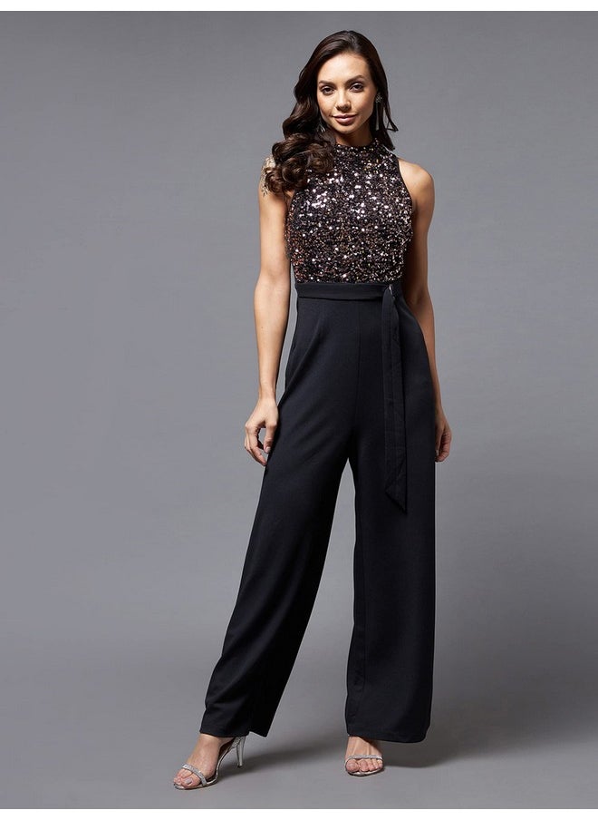 Miss Chase - Miss Chase Women's Black And Lavender Embellished Regular Jumpsuit (MCSS22D99-73-245-03, Black And Lavender, S) - Image 1