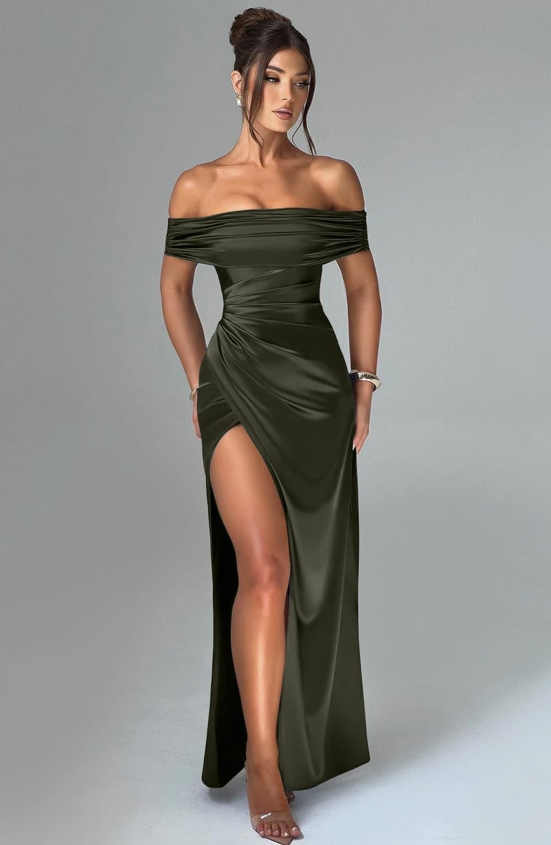 Memoriesea Women's Elegant Off Shoulder High Split Bodycon Evening Wedding Maxi Dress Army Green - Image 2