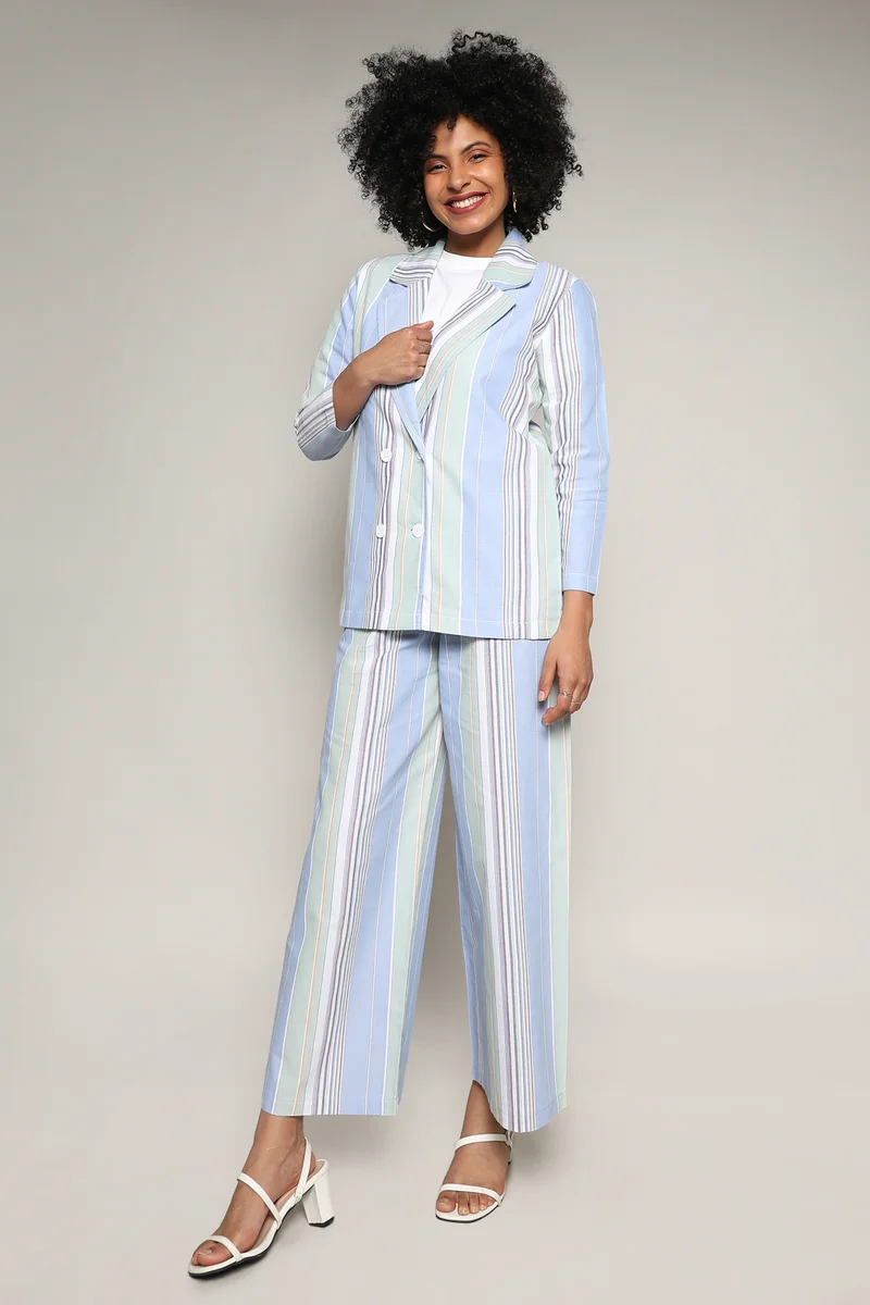 Campus Sutra Women's Multicolour Unbalanced Striped Double-Breasted Co-Ord Set