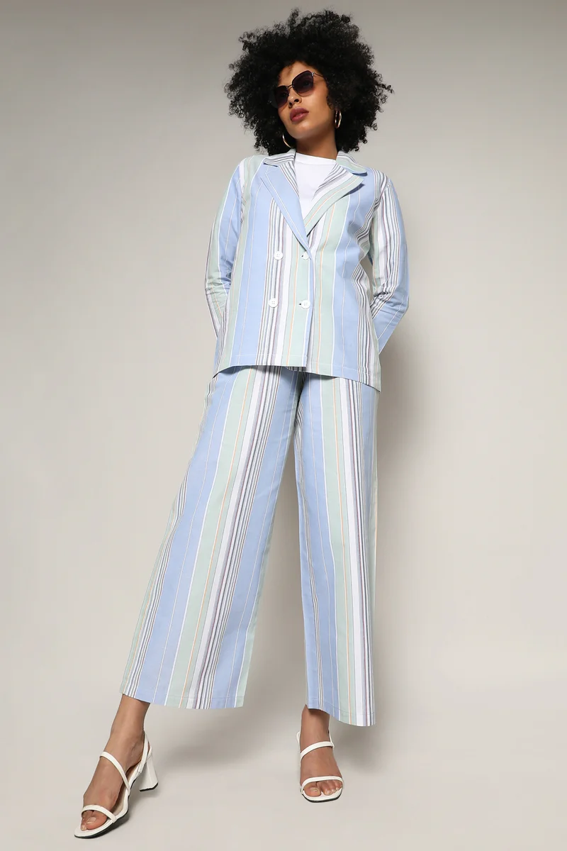 Campus Sutra Women's Multicolour Unbalanced Striped Double-Breasted Co-Ord Set