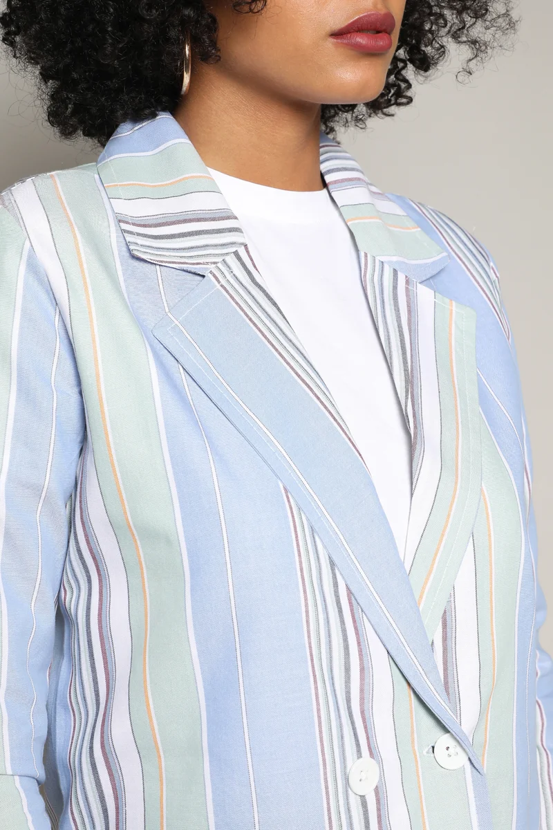 Campus Sutra Women's Multicolour Unbalanced Striped Double-Breasted Co-Ord Set