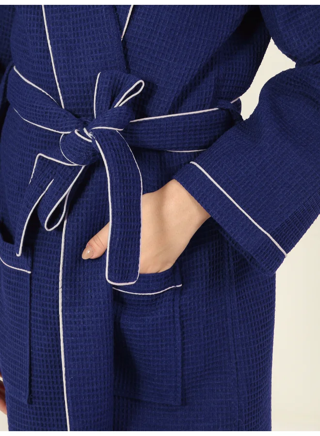 MULBERRY LIVING 100% Cotton -Waffle Lux Solid Bath Robe - Navy Blue