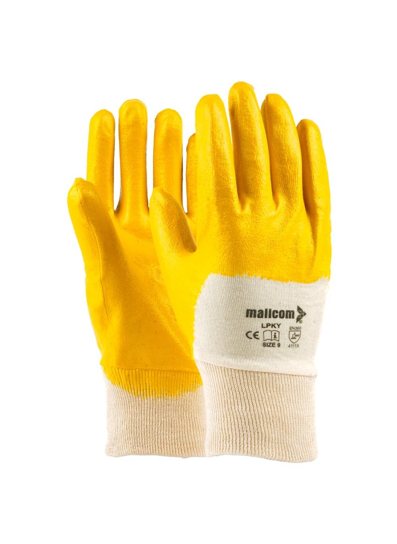 mallcom Mallcom LPKY Yellow 165 GSM Cotton Interlock Cut N Stitch Lite Coated Smooth Finish Nitrile Safety Gloves For Industrial, Household Cleaning, Gardening, Dish-Washing and Scrubbing (Pack of 4)  - Image 1