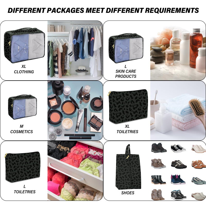 BHAHB 7 Set Packing Cubes Travel Luggage Organizers for Suitcase Travel Accessories with Shoe Bag for Women Girls Aesthetic Cute-Black Leopard Cheetah Pattern - Image 5