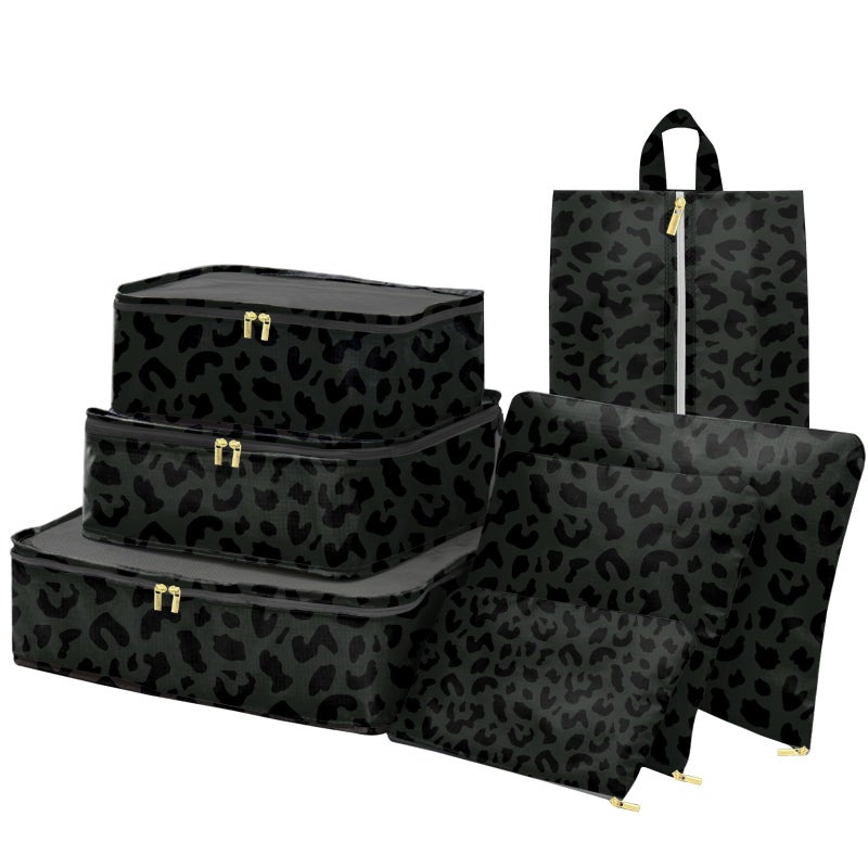 BHAHB 7 Set Packing Cubes Travel Luggage Organizers for Suitcase Travel Accessories with Shoe Bag for Women Girls Aesthetic Cute-Black Leopard Cheetah Pattern - Image 1