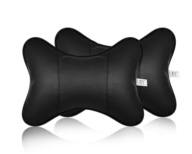 DS.DISTINCTIVE STYLE DS. DISTINCTIVE STYLE Car Neck Pillow 2 Pieces PU Leather Travel Pillow for Head Rest Neck Support for Car Seat (Black with Buckle) - Image 1