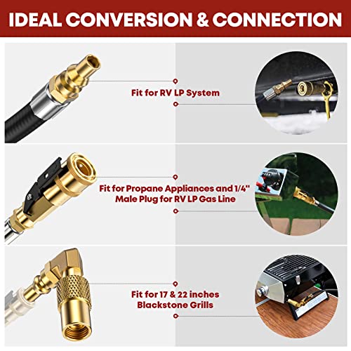 GasXpert 12 FT RV Quick Connect Propane Hose for RV to Grill, LP Quick Connect Propane Hose with Elbow Adapter for 17" and 22" Blackstone Griddles, 1/4" Shutoff Valve & 1/4" Male Full Flow Plug. - Image 3
