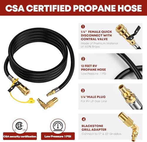 GasXpert 12 FT RV Quick Connect Propane Hose for RV to Grill, LP Quick Connect Propane Hose with Elbow Adapter for 17" and 22" Blackstone Griddles, 1/4" Shutoff Valve & 1/4" Male Full Flow Plug. - Image 2