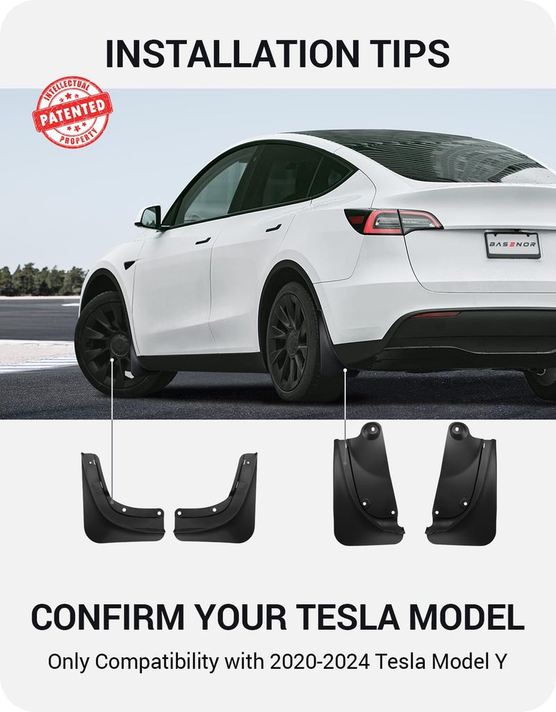 BASENOR 2024-2020 Tesla Model Y Mud Flaps Splash Guards Vehicle Sediment Protection No Drilling No Tape Mudflaps Tire Protector Mudflaps All Weather Tesla Exterior Accessories (Set of 4) - Image 2