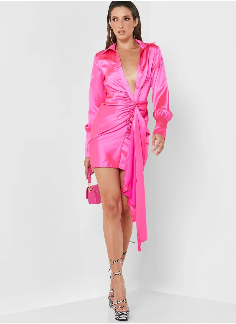 Missguided Ruched Satin Drape Front Dress