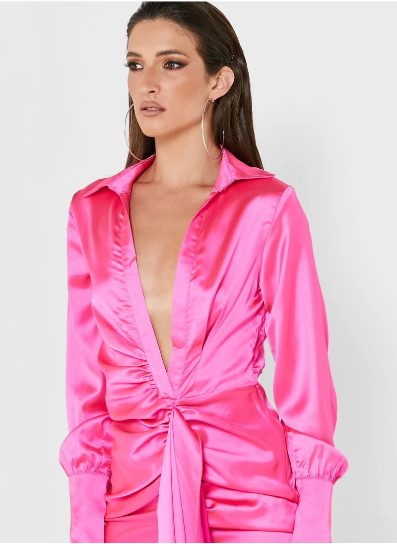 Missguided Ruched Satin Drape Front Dress