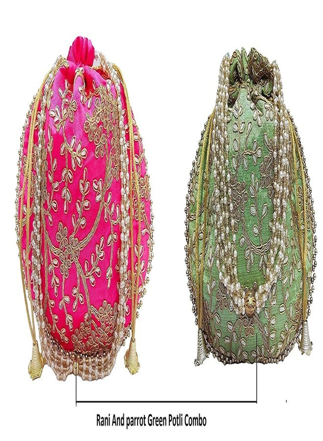 ATHZ Potli bag (Pack of 2 Potli) Parrot Green and Rani Matka Designer Potli handbags for Women and Girls wedding party and Return gift - Image 4