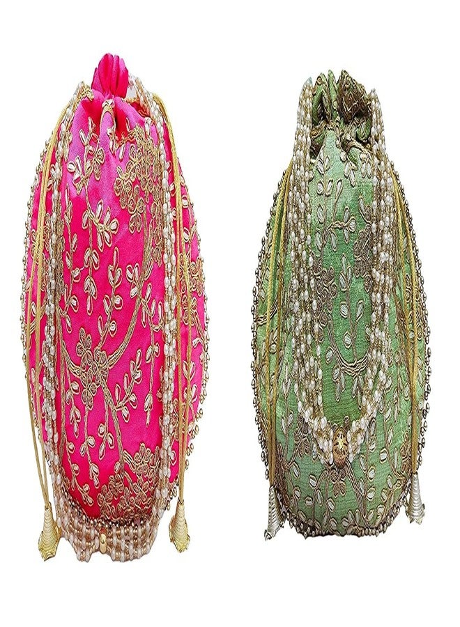ATHZ Potli bag (Pack of 2 Potli) Parrot Green and Rani Matka Designer Potli handbags for Women and Girls wedding party and Return gift - Image 1