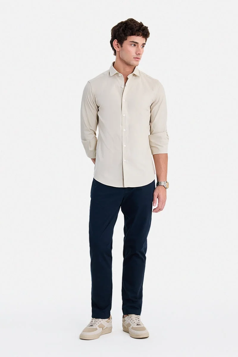 SNITCH Cream Solid Long Sleeve Slim Fit Party Shirt