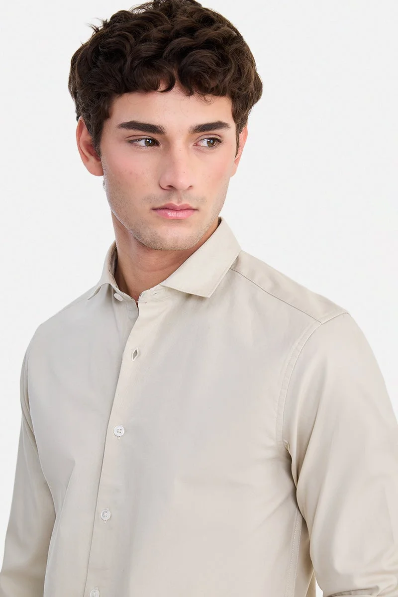 SNITCH Cream Solid Long Sleeve Slim Fit Party Shirt