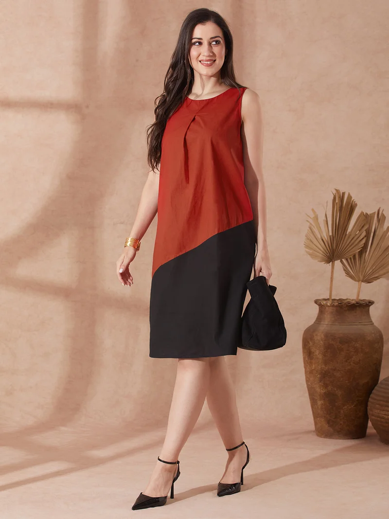 globus Globus Women Red Round Neck Colourblocked A-Line Knee Length Resort Dress