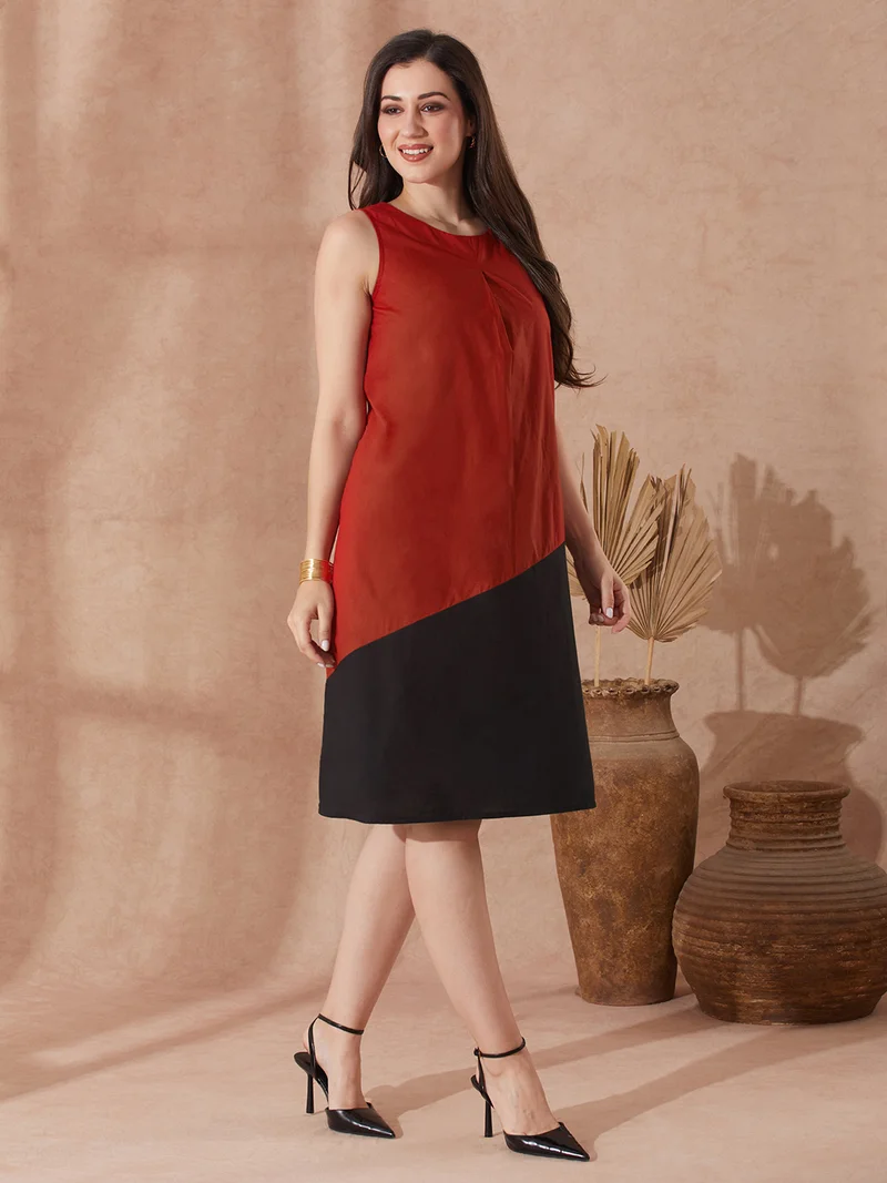 globus Globus Women Red Round Neck Colourblocked A-Line Knee Length Resort Dress