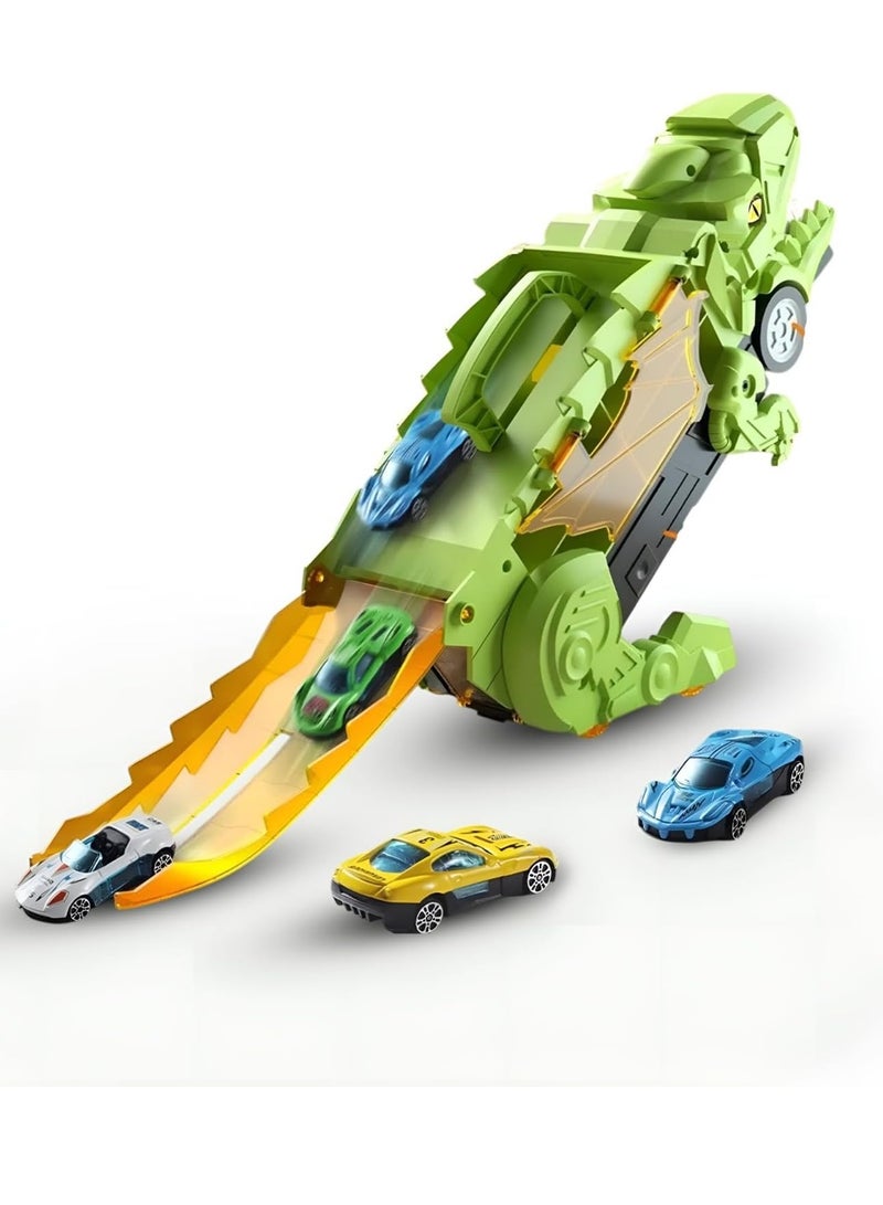 Raxoom 3-in-1 Dinosaur Transport Carrier Truck – Transforms into Standing Triceratops with Race Tracks – Green Dinosaur Toy with 12 Cars, Sliding Action & Storage for Kids Ages 3-7 - Image 1
