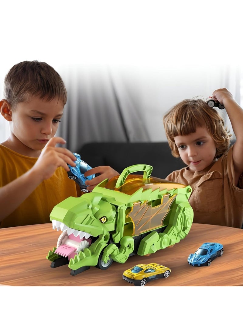 Raxoom 3-in-1 Dinosaur Transport Carrier Truck – Transforms into Standing Triceratops with Race Tracks – Green Dinosaur Toy with 12 Cars, Sliding Action & Storage for Kids Ages 3-7 - Image 2