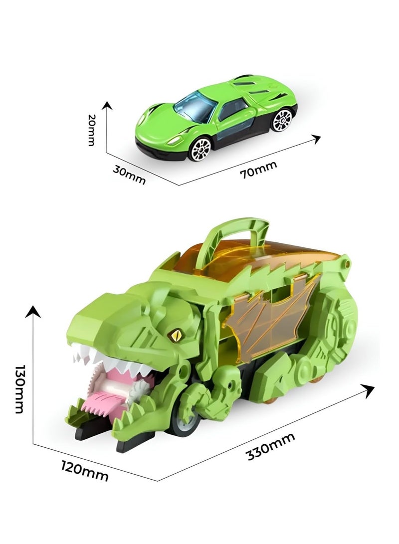 Raxoom 3-in-1 Dinosaur Transport Carrier Truck – Transforms into Standing Triceratops with Race Tracks – Green Dinosaur Toy with 12 Cars, Sliding Action & Storage for Kids Ages 3-7 - Image 3