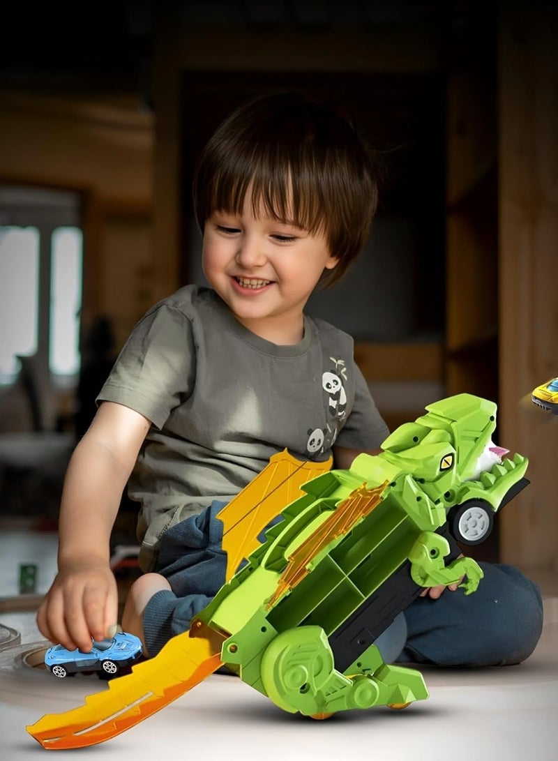 Raxoom 3-in-1 Dinosaur Transport Carrier Truck – Transforms into Standing Triceratops with Race Tracks – Green Dinosaur Toy with 12 Cars, Sliding Action & Storage for Kids Ages 3-7 - Image 4