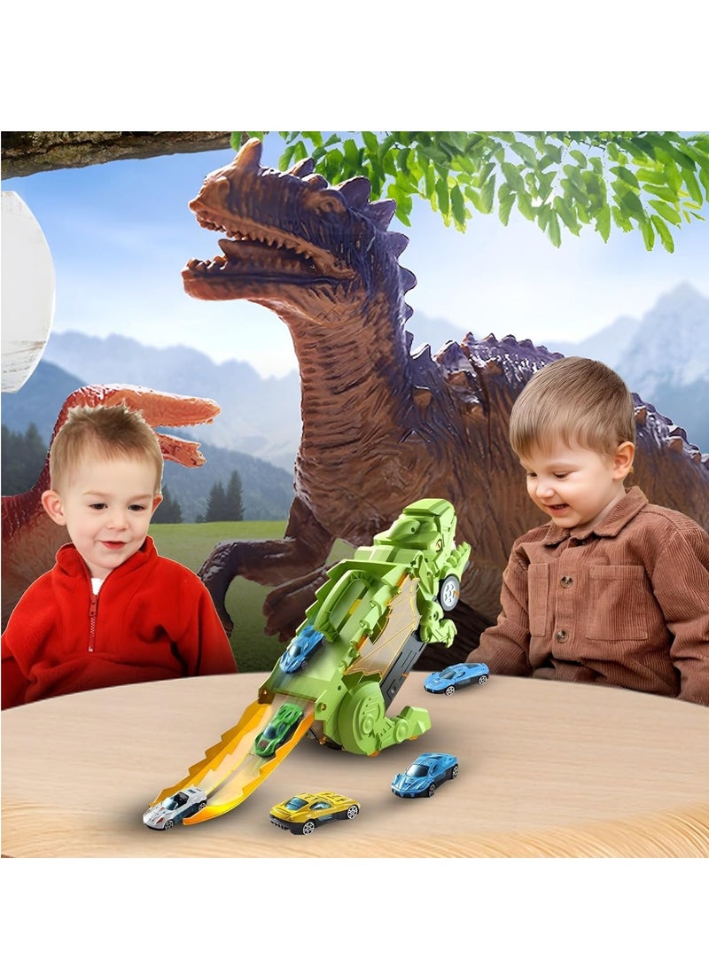 Raxoom 3-in-1 Dinosaur Transport Carrier Truck – Transforms into Standing Triceratops with Race Tracks – Green Dinosaur Toy with 12 Cars, Sliding Action & Storage for Kids Ages 3-7 - Image 5