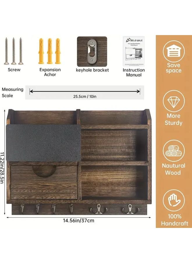 Charcoal Color Rustic Wooden Key Holder Wall Mount With Drawers Mail Storage Organizer - Image 3