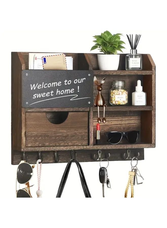 Charcoal Color Rustic Wooden Key Holder Wall Mount With Drawers Mail Storage Organizer - Image 1