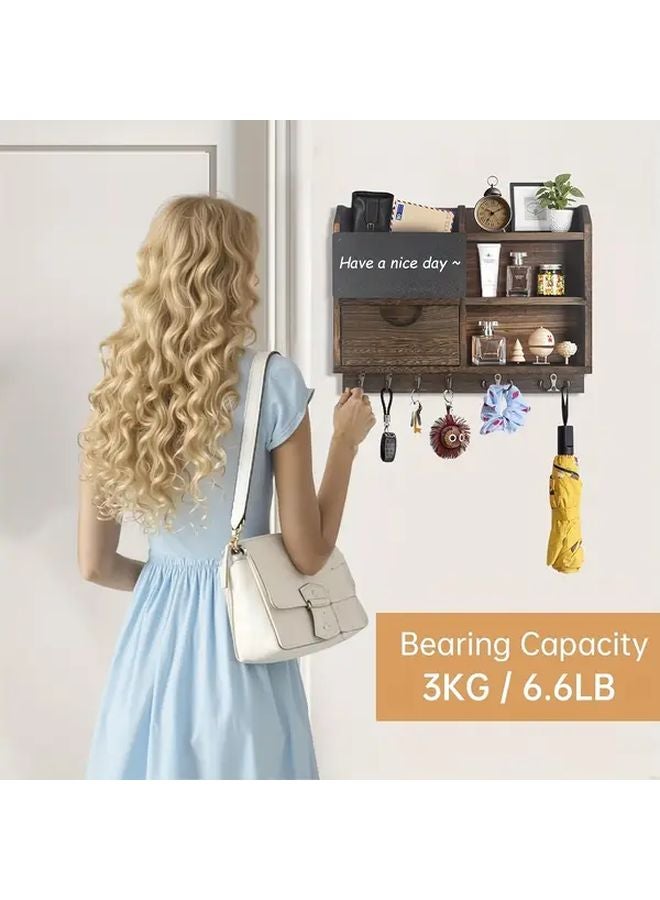 Charcoal Color Rustic Wooden Key Holder Wall Mount With Drawers Mail Storage Organizer - Image 5