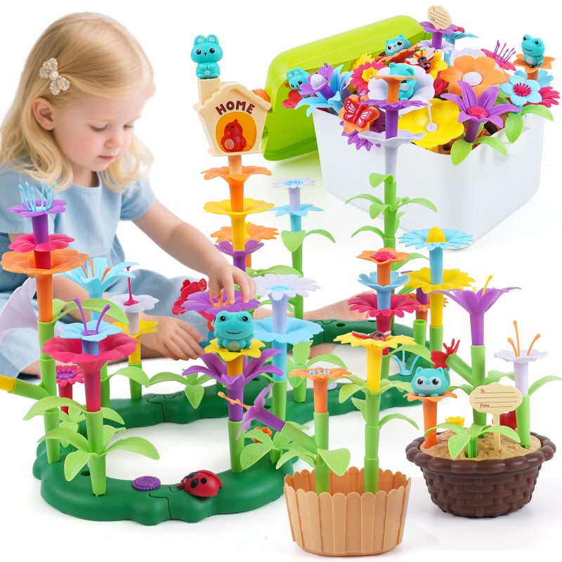 QPOU Flower Garden Building Toy for Toddler Birthday Gifts for Preschool Kids Age 35 57 Years Old Educational STEM Set with 140 Pieces Girls Stacking Pretend Play Gardening Kit - Image 3