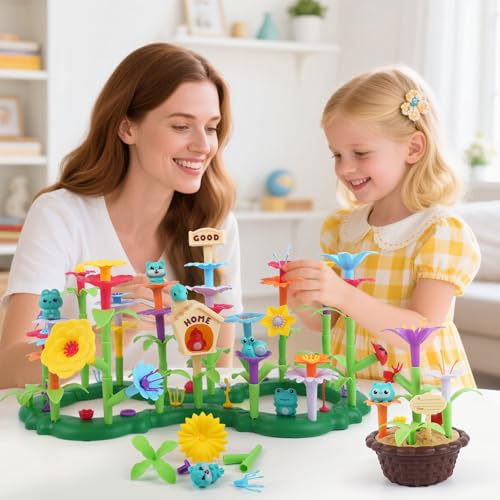 QPOU Flower Garden Building Toy for Toddler Birthday Gifts for Preschool Kids Age 35 57 Years Old Educational STEM Set with 140 Pieces Girls Stacking Pretend Play Gardening Kit - Image 5