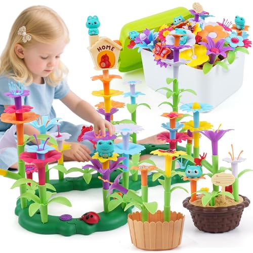 QPOU Flower Garden Building Toy for Toddler Birthday Gifts for Preschool Kids Age 35 57 Years Old Educational STEM Set with 140 Pieces Girls Stacking Pretend Play Gardening Kit - Image 1