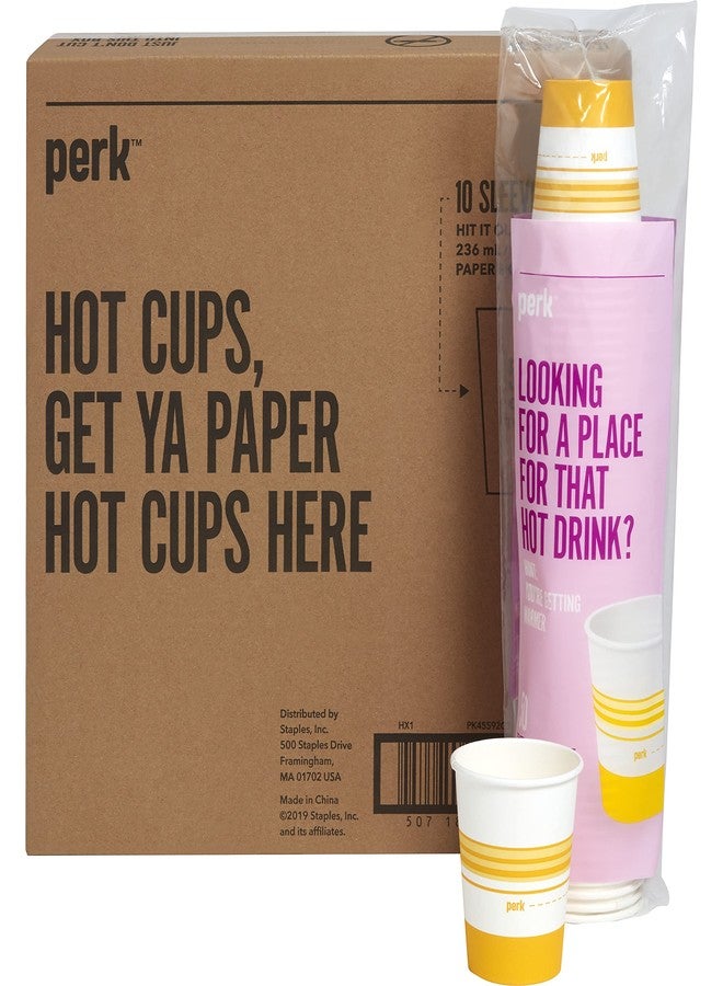 Perk Staples PK45592CT Paper Hot Cup, 8 Oz., White/Yellow, 500/Carton - Image 1