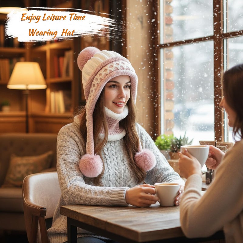 HUAMULAN Women Winter Beanie Hat Circle Scarf Set Pompoms Peruvian Ski Snow Ear Flaps Sherpa Knit Hats Neck Warmer Set Fleece Lined Slouchy Skull Cap Cold Weather - Image 4