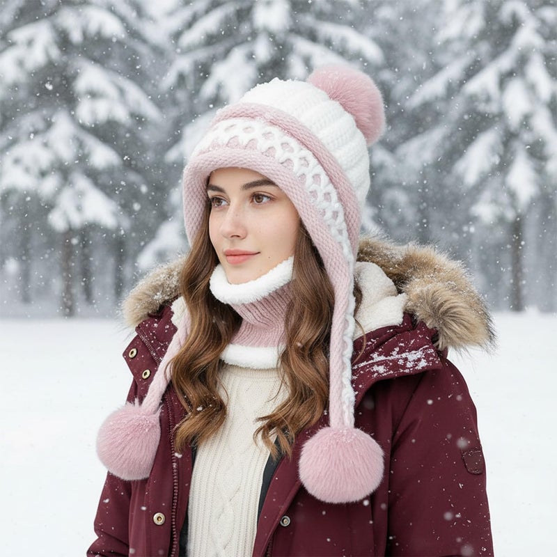 HUAMULAN Women Winter Beanie Hat Circle Scarf Set Pompoms Peruvian Ski Snow Ear Flaps Sherpa Knit Hats Neck Warmer Set Fleece Lined Slouchy Skull Cap Cold Weather - Image 2