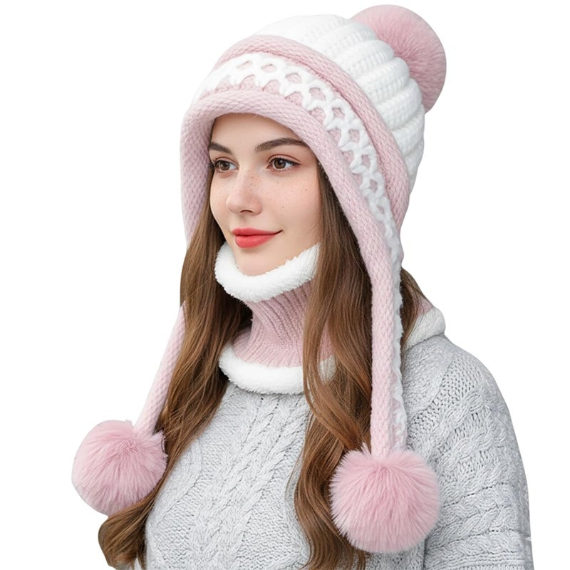 HUAMULAN Women Winter Beanie Hat Circle Scarf Set Pompoms Peruvian Ski Snow Ear Flaps Sherpa Knit Hats Neck Warmer Set Fleece Lined Slouchy Skull Cap Cold Weather - Image 1