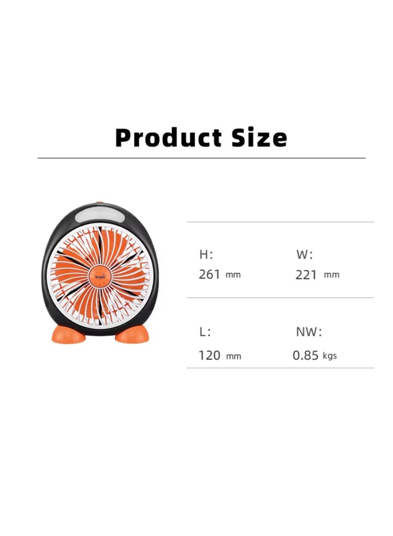 Icona Mini Electric 12V DC Solar Cooling Fan – 7-Inch Oscillating Table Fan, USB, Battery & Solar Powered, 2-Speed Desk Fan with LED Light – Compact and Portable (Orange)