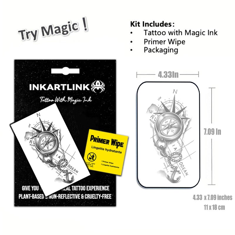 INKARTLINK Semi Permanent Tattoos, Temporary Tattoos, Adult Art Designs, Party Favors, Waterproof, Realistic, No Adhesive, No Reflective, Lasts 1-2 Weeks, Extra Large (Compass) - Image 2