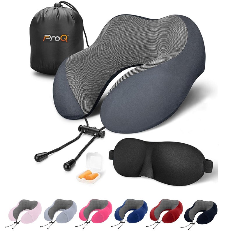 ProQ Neck Pillow for Travelling - Travel Pillow for Flights - Memory Foam Neck Pillow - Travel Neck Rest Pillows - Traveling Pillow for Men, Women Travelling Accessories, Lightweight, Portable, Grey - Image 1