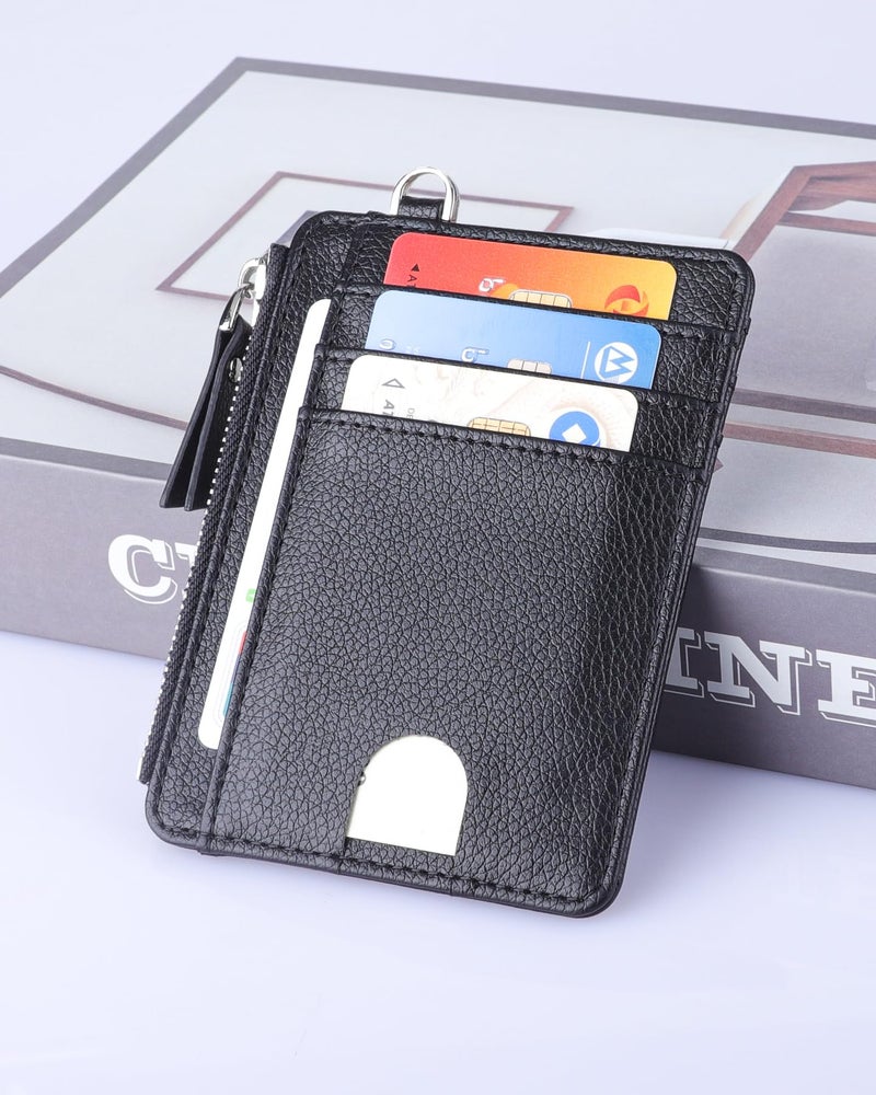Teskyer Slim Minimalist Wallet, RFID Blocking Credit Card Holder Leather Wallet with Zipper Pocket for Men Women - Lichee Black - Image 2