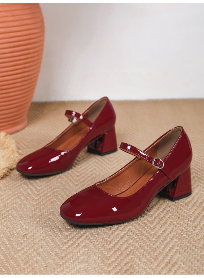 British Retro Patent Mary Jane Pumps | Chunky Heel, Thick Sole, Hollow Roman-Style Detailing - Image 1